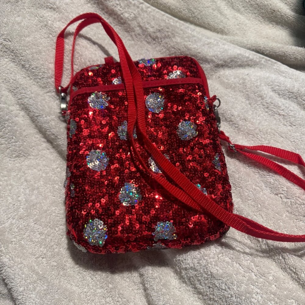 Disney Parks Minnie Mouse Purse Polka Dot Sequined Red Silver Wristlet Crossbody